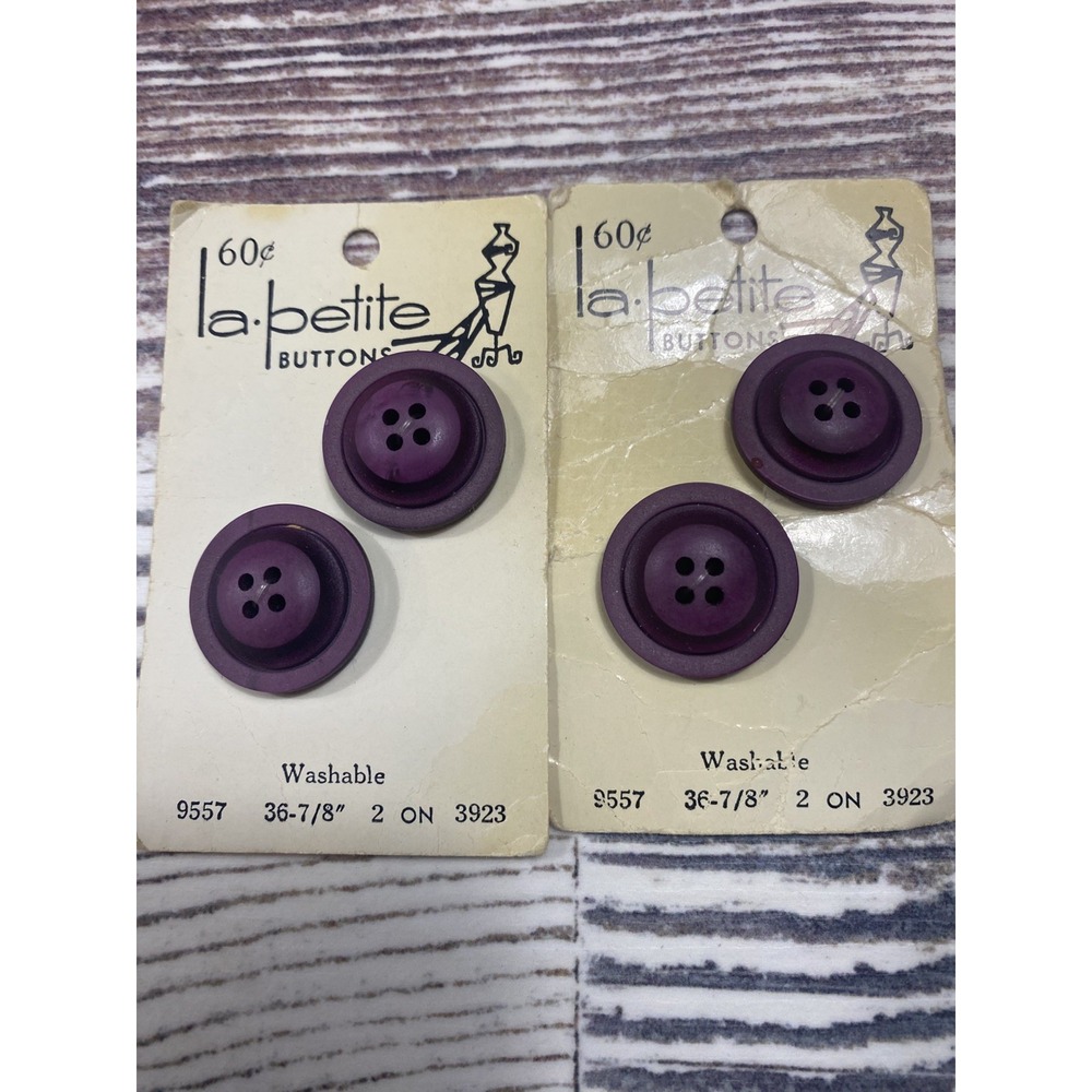 Vintage La.petite Purple 4 Hole Buttons 9557 7/8” Set Of 4- 2 Cards